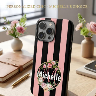 Coque iPhone 16 Pro Max Personnalisé Noir Rose Rayé Floral Nom Personnalis