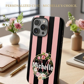 Coque iPhone 16 Pro Max Personnalisé Noir Rose Rayé Floral Nom Personnalis