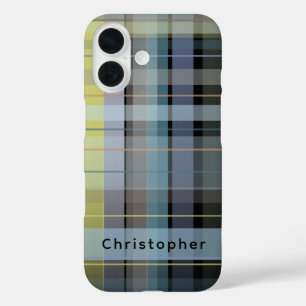 Coque Pour iPhone 16 Personnalisé Nom Vérifier Tartan Noir Bleu Lilac é