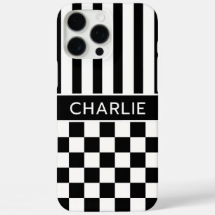 Coque iPhone 16 Pro Max Personnalisé rayé à carreaux noir et blanc