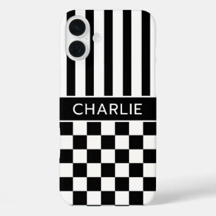 Coque Pour iPhone 16 Plus Personnalisé rayé à carreaux noir et blanc