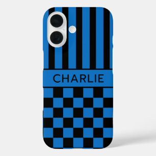 Coque Pour iPhone 16 Personnalisé rayé à carreaux noir et bleu