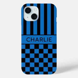 Coque Case-Mate iPhone Personnalisé rayé à carreaux noir et bleu