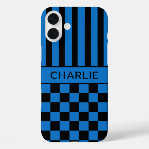 Coque Pour iPhone 16 Plus Personnalisé rayé à carreaux noir et bleu