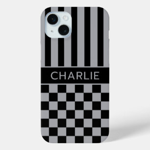Coque Case-Mate iPhone Personnalisé rayé à carreaux noir et gris