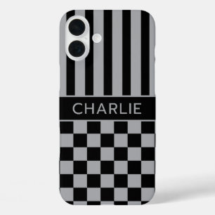 Coque Pour iPhone 16 Plus Personnalisé rayé à carreaux noir et gris