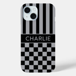 Coque Case-Mate iPhone Personnalisé rayé à carreaux noir et gris