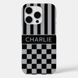 Coque iPhone 16 Pro Personnalisé rayé à carreaux noir et gris