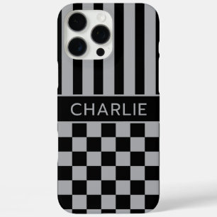 Coque iPhone 16 Pro Max Personnalisé rayé à carreaux noir et gris