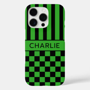 Coque iPhone 16 Pro Personnalisé rayé à carreaux noir et vert