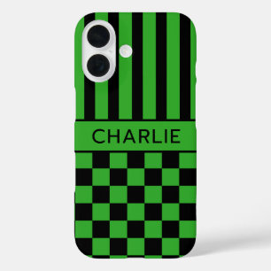 Coque Pour iPhone 16 Personnalisé rayé à carreaux noir et vert