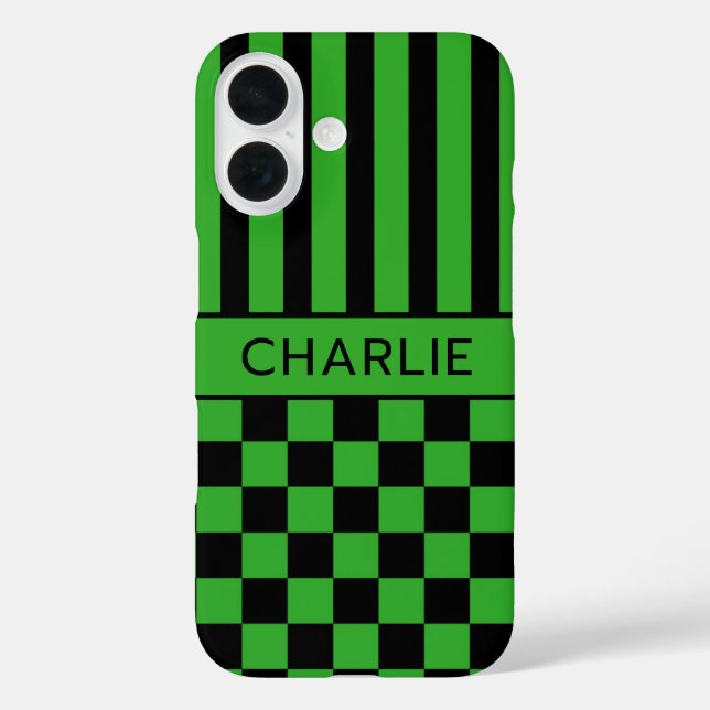 Coques Case-Mate iPhone Personnalisé rayé à carreaux noir et vert (Verso)
