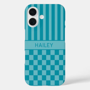 Coque Pour iPhone 16 Personnalisé rayé à carreaux sarcelle