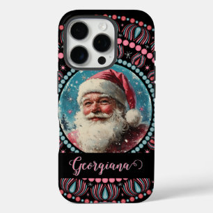 Coque iPhone 16 Pro Personnalisé Retro Père Noël Pinkmas Floral Mandal