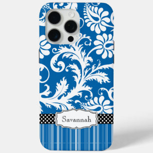 Coque iPhone 15 Pro Max Personnalisé Vintage Sea Blue Damask and Stripe