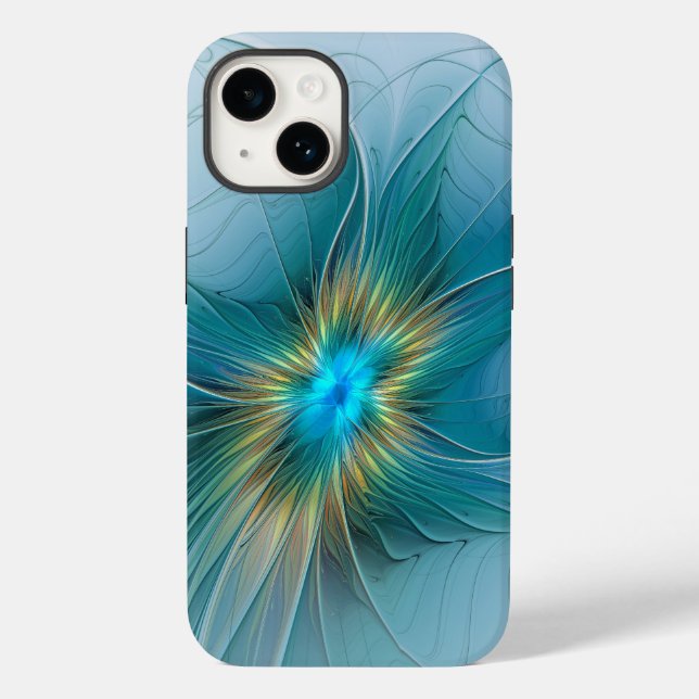 Coques Case-Mate iPhone Petite Beauté Moderne Bleu Or Fractal Art Flower (Verso)