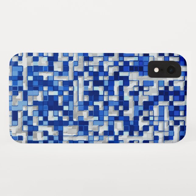 Coques Case-Mate iPhone Petits carrés superposés, tons de bleu avec blanc (Dos (Horizontal))
