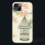 Coque Case-Mate iPhone Petits oiseaux perchés sur une branche et sur une<br><div class="desc">Nancy Slocum's a peint de nombreux oiseaux au cours des années. Cette image représente deux petits oiseaux bleus et jaunes perchés sur une branche entourés de fleurs roses et qui ont l'air curieux d'une cage d'oiseaux. Obtenez cette oeuvre d'art ornithologique cool sur votre produit Zazzle dès aujourd'hui.</div>