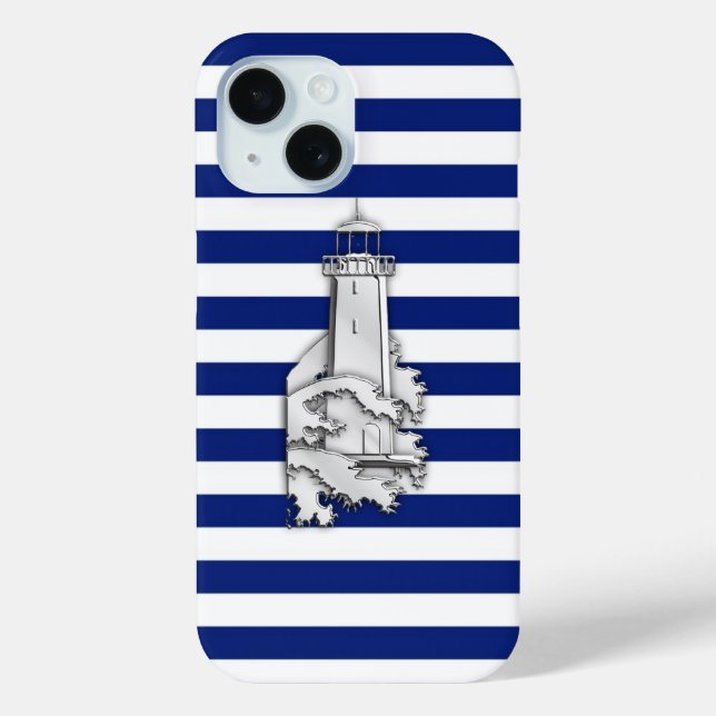 Coques Case-Mate iPhone Phare Silver Style sur Blue Nautical Stripes (Verso)