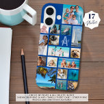 Coque Pour iPhone 16 Photo Collage Monogramme Nom 17 Photos Bleu<br><div class="desc">Portez 17 de vos photos préférées sur ce boîtier de téléphone portable couleur personnalisée avec un collage photo de différentes formes et tailles et personnalisées avec votre monogramme et nom dans une police de script moderne sur la première (montré en bleu). Modifiez les styles de police et toutes les couleurs...</div>