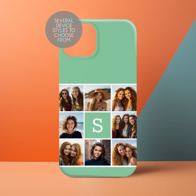 Coques Case-Mate iPhone Photo Collage personnalisé Monogramme Mention vert (Personalize a Phone Case with your photos and monogram)