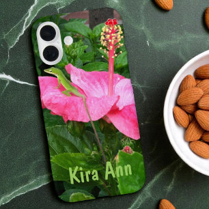 Coque Pour iPhone 16 Plus Photo d'anole lézard à fleur d'hibiscus rose tropi