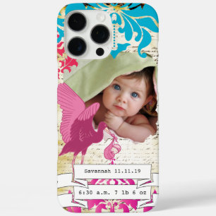 Coque iPhone 16 Pro Max Photo de bébé Statistiques de bébé Damassé Bord Br