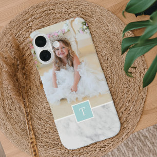 Coque Pour iPhone 16 Photo et monogramme gris et Marbre blanc chic