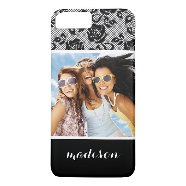 Coques Case-Mate iPhone Photo et nom personnalisés motif en dentelle noire (Dos)