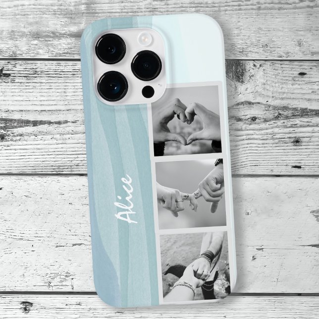 Coques Case-Mate iPhone Photo moderne Collage Cool bleu Aquarelle Nom (Add 3 of your favorite photos to this watercolor aqua blue phone case)