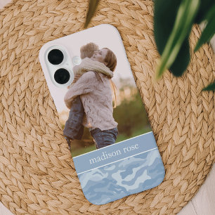 Coque Pour iPhone 16 Photo personnalisée Cute Pastel Blue Camo