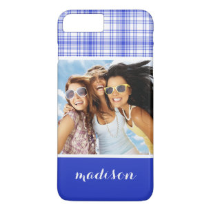 Coque iPhone 8 Plus/7 Plus Photo personnalisée et nom Bleu blanc Plaid 2