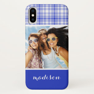 Coque iPhone X Photo personnalisée Nom bleu blanc Plaid 2