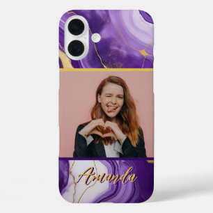Coque Pour iPhone 16 Plus Photo Sophisticante en marbre violet et or
