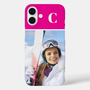 Coque Pour iPhone 16 Plus Photo Sport d'hiver Monogramme rose chaud