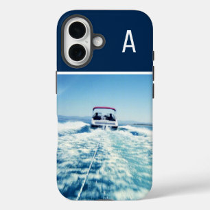 Coque Pour iPhone 16 Photo vertical de sports nautiques monogrammé bleu