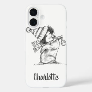 Coque Pour iPhone 16 Pingouin de Noël rétro mignon avec Casquette et Éc