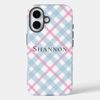 Coque Pour iPhone 16 Pink and Blue Plaid Personalized Name