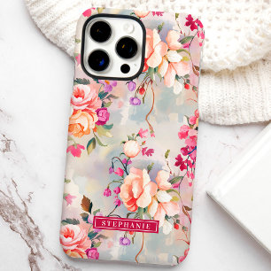 Coque iPhone 16 Pro Max Pink and Peach Elegant Nom personnalisé Floral
