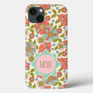 Case-Mate iPhone Case Pink Aqua les années 70 Retro Floral Personnalisé