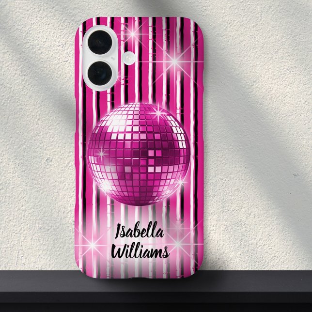 Coques Case-Mate iPhone Pink Black White Stripe Disco Ball Nom de l'étince (Créateur téléchargé)