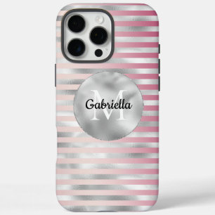 Coque iPhone 16 Pro Max Pink Blush Silver Stripes Monogramme