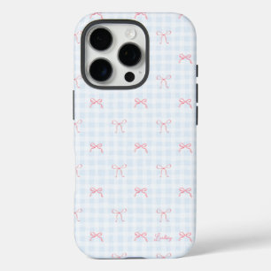 Coque iPhone 16 Pro Pink Bow Blue En vichy Nom personnalisé