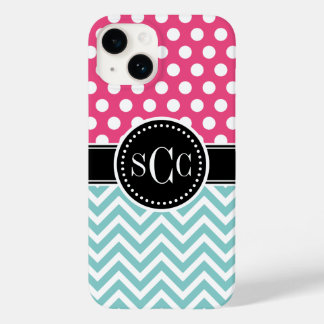 Coque Pour iPhone 14 Pink et Aqua Polka Dot Chevron Monogram