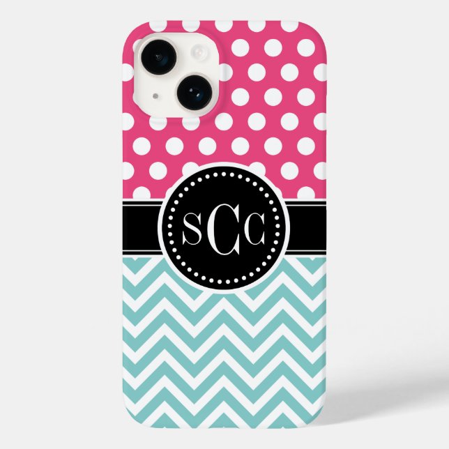 Coques Case-Mate iPhone Pink et Aqua Polka Dot Chevron Monogram (Verso)