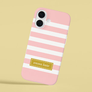 Coque Pour iPhone 16 Pink et Gold Preppy Stripes Monogramme
