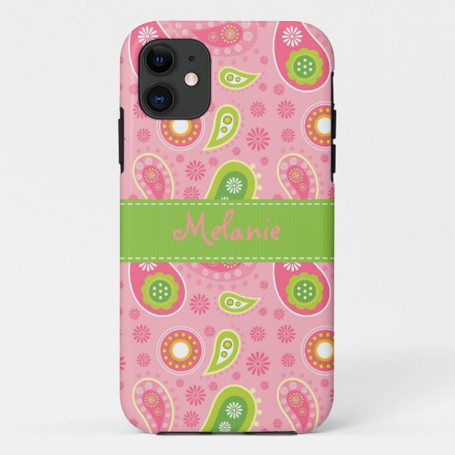 Coques Case-Mate iPhone Pink et Green Paisley iPhone Monogramme personnali (Dos)