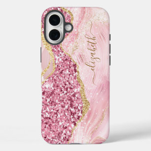 Coque Pour iPhone 16 Plus Pink Gold Agate Marbre Nom Script