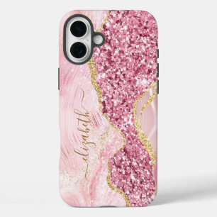 Coque Pour iPhone 16 Plus Pink Gold Agate Marbre Nom Script