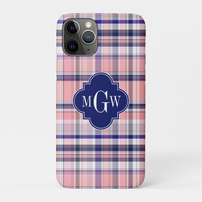 Coques Case-Mate iPhone Pink Navy White Preppy Madras Quatrefoil (Dos)